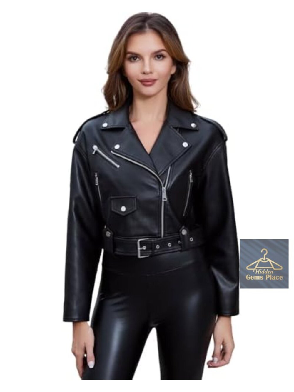 Women's Faux Leather Jacket Slim Belted PU Moto Coat Notch Lapel Asymmetrical